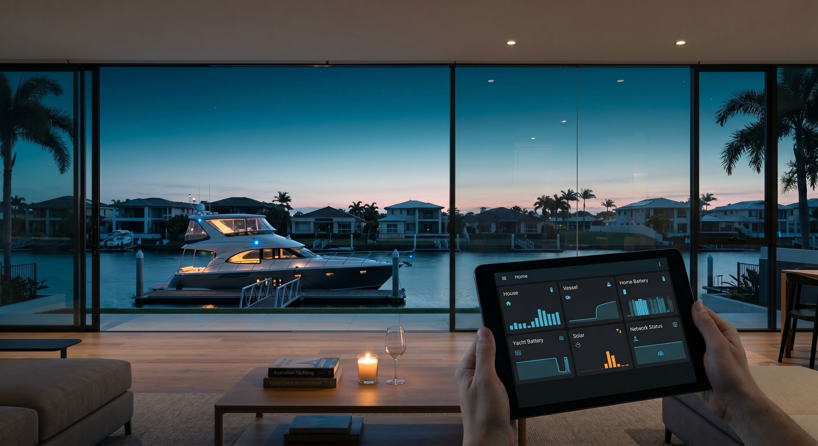 Twilight view across a Gold Coast canal estate, vessel moored at the dock and a tablet showing a unified Iron and Air dashboard